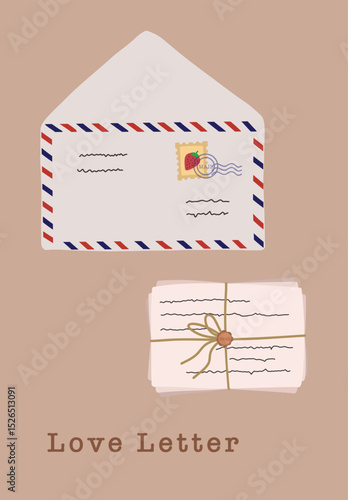 Love Letter airmail stamp envelope north pole postal with some paper postcard tied with string design illustration editable for use