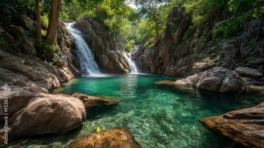 Fototapeta premium Clear Water Pool at Lush Waterfall in Tropical Forest