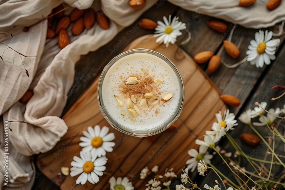 Healthy vegan beverage idea showing glass of almond milk surrounded by natural ingredients and floral decor on wooden table Healthy vegan beverage idea showing glass of almond milk surrounded by natural ingredients and floral decor on wooden table