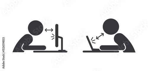 Isolated pictogram safe distance from computer screen, eye health and ergonomic safety while working on a digital device.