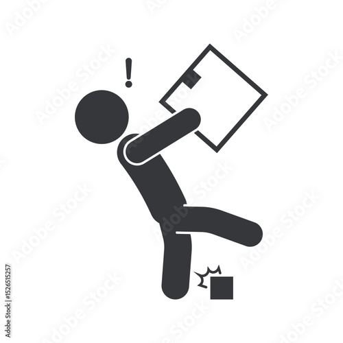 Isolated pictogram icon showing person carrying box, warning to watch your step and avoid tripping in package storage area
