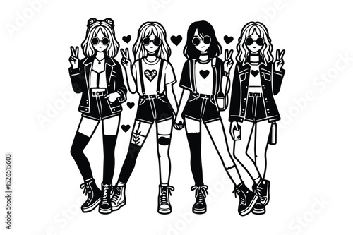 Stylish Best Friend Group Illustration Black and White Anime Girls Fashion