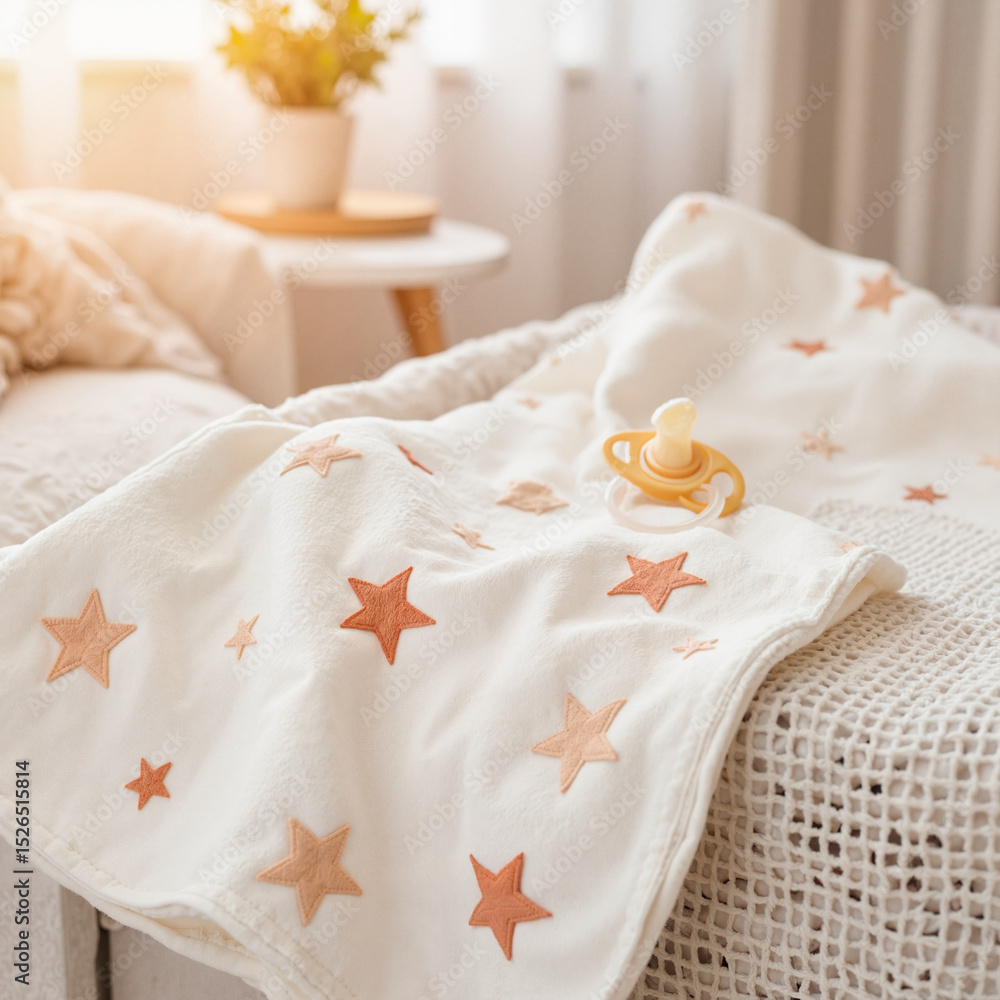 Baby blanket with star pattern and pacifier on couch in cozy living room Baby blanket with star pattern and pacifier on couch in cozy living room