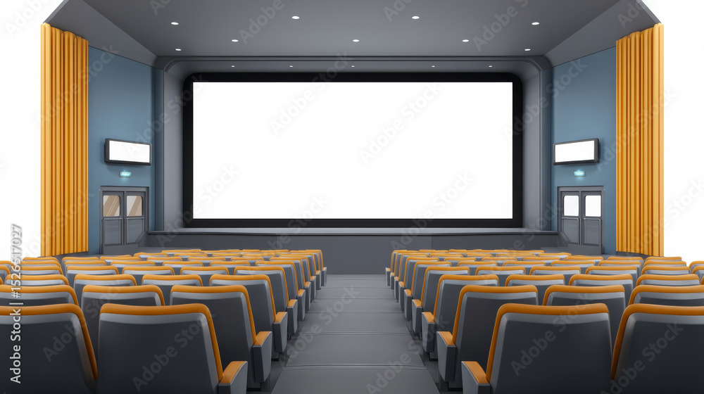 Fototapeta premium Spacious Movie Theater Featuring Large Screens and Plush Seating with Golden Curtains