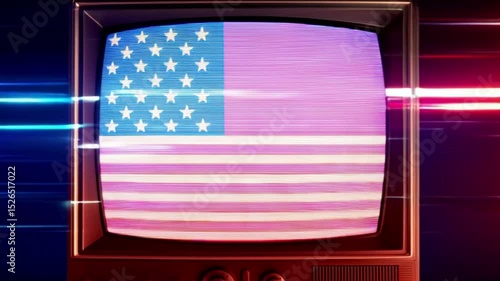 Vintage Patriotic Glitch with Waving Flag Overlay 4K Loop