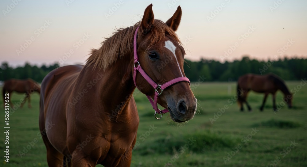 Obraz premium Chestnut horse with a pink halter stands in a green field with other horses under a dusky sky