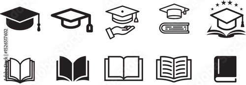 Comprehensive set of academic and education-themed icons, featuring graduation caps and books in various styles, ideal for learning, university, and knowledge-related design projects.