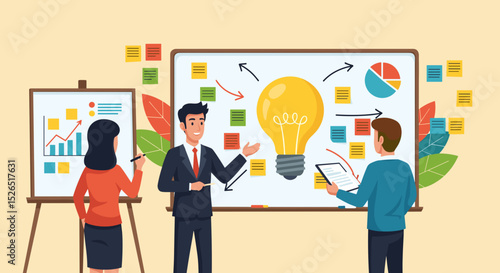 Business Workshop Concept. Vector cartoon illustration of a group of diverse people sitting at a table with a manager standing in front of them next to a board with stickers. Isolated on background
