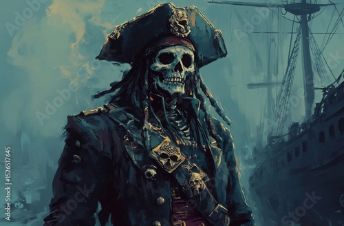 Skeleton Pirate Captain on Ghost Ship Deck