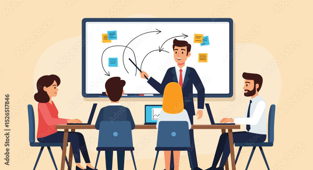 Fototapeta premium Business Workshop Concept. Vector cartoon illustration of a group of diverse people sitting at a table with a manager standing in front of them next to a board with stickers. Isolated on background