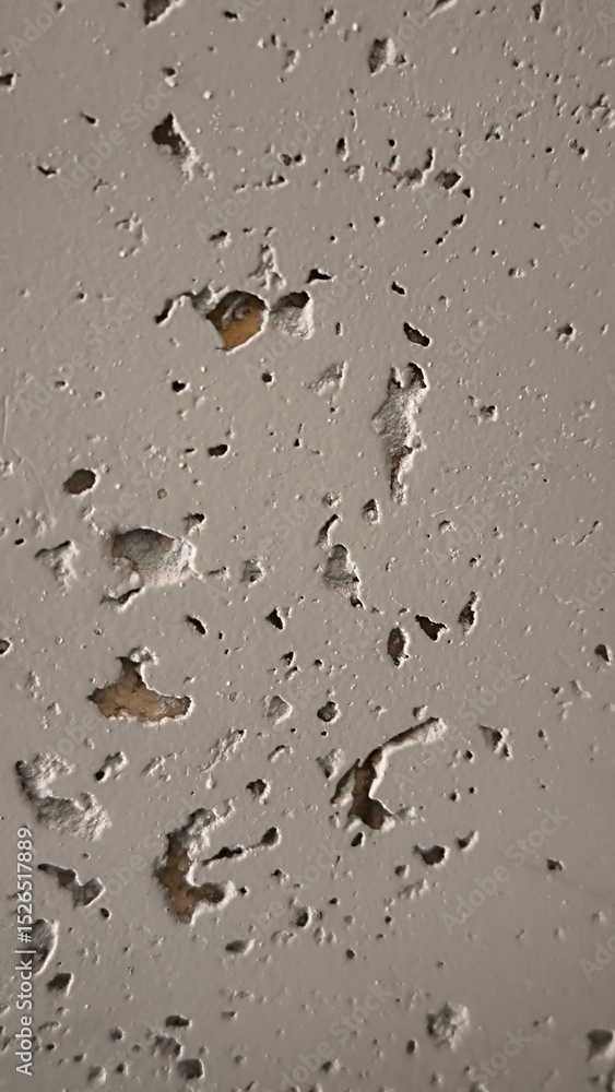 Close-up of a textured white wall with small dents and chips Close-up of a textured white wall with small dents and chips