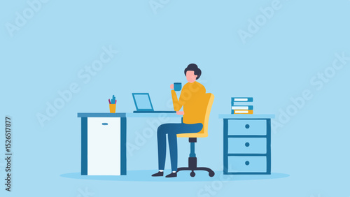 Home Office Illustration Man with Laptop Drinking Coffee Remote Work Desk Computer Business Job Relax Books