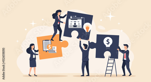 Business Teamwork concept. Contemporary flat style abstract vector illustration of diverse people putting together puzzle details. Isolated on background.