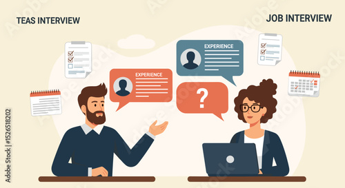 Business Job Interview concept. Vector cartoon illustration of a young woman asking questions and a man in a suit answering them while sitting at a table. Isolated on background