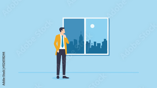 Businessman in suit contemplating the cityscape visionary leader modern office career aspirations inspiration
