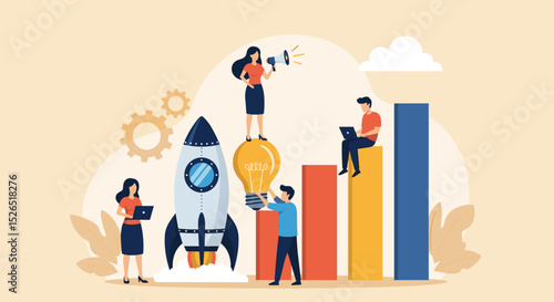 Business Startup Concept. Vector cartoon illustration of a group of diverse people in business suits assembling a rocket for launch. Isolated on background.