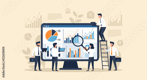 Business Data Analytics Concept. Vector illustration in flat style of a large monitor with tabs displaying graphs, chats, and a group of people looking at them. Isolated on background 