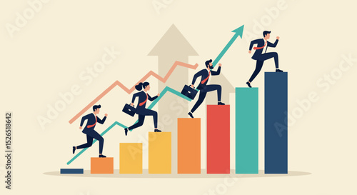 Business Success Concept. Vector cartoon illustration of a group of diverse people in business suits running up a rising graph. Isolated on background