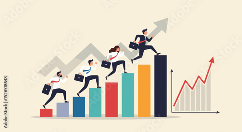 Business Success Concept. Vector cartoon illustration of a group of diverse people in business suits running up a rising graph. Isolated on background