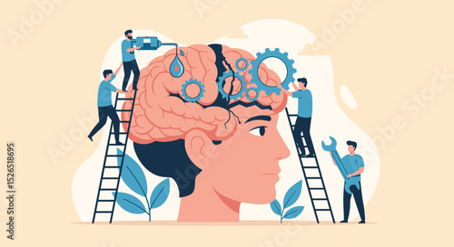 Business Improvement concept. Contemporary flat-style abstract vector illustration of diverse people adjusting a gear mechanism inside the head silhouette, isolated on a background.
