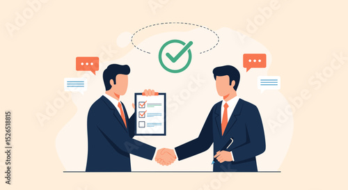 Business Job Interview concept. Vector cartoon illustration of a man in a suit and a woman at a desk shaking hands. Isolated on background.