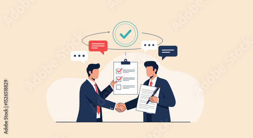 Business Job Interview concept. Vector cartoon illustration of a man in a suit and a woman at a desk shaking hands. Isolated on background.