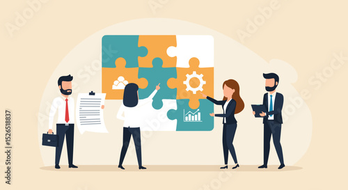 Business Teamwork concept. Contemporary flat style abstract vector illustration of diverse people putting together puzzle details. Isolated on background.