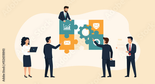 Business Teamwork concept. Contemporary flat style abstract vector illustration of diverse people putting together puzzle details. Isolated on background.