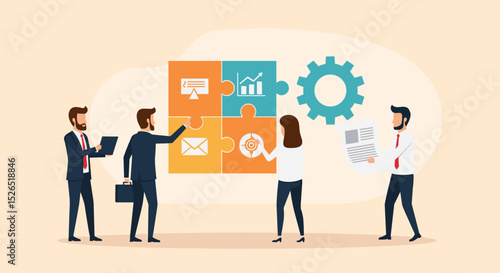 Business Teamwork concept. Contemporary flat style abstract vector illustration of diverse people putting together puzzle details. Isolated on background.