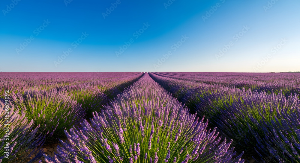 Obraz premium Field of lavender in full bloom, purple rows stretching into the horizon under a clear summer sky