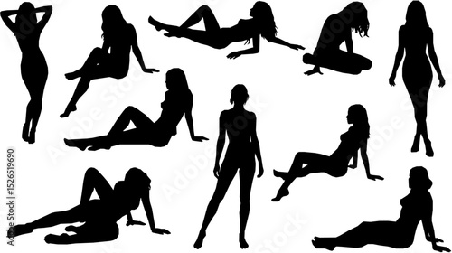 Vector detailed silhouettes set of beautiful sexy women various lying, sitting and standing poses isolated on white background.
