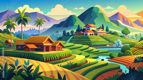 Vibrant landscape of rice step fields in the mountainous region of northern Thailand showing traditional Asian agriculture, rural culture, and tropical farming in a peaceful village environment.Very b