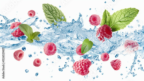 Framboises eau fraiche sur fond blanc