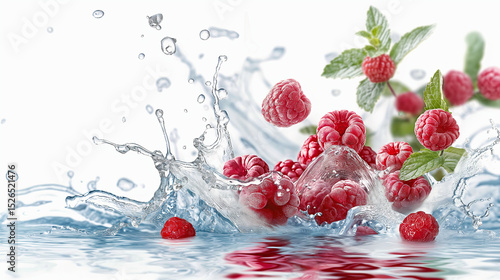 Framboises eau fraiche sur fond blanc