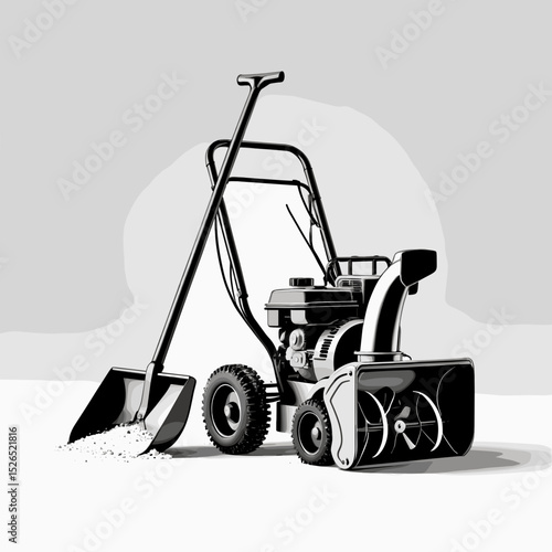 Snow shovel and snow blower illustration in black and white