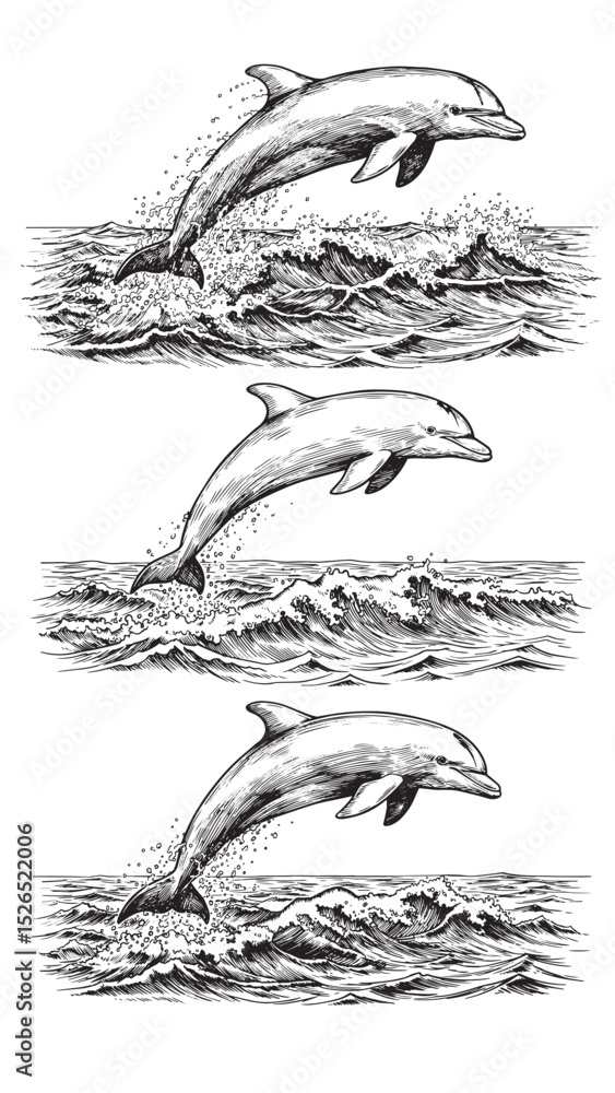 Obraz premium Engraved dolphin leaping ocean waves curved body joyful pose vintage marine wildlife illustration detail