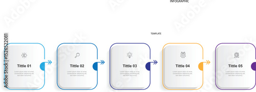 Business infographic template vector element. 5 step layout table with square lines and paper style. Timeline information graphic with 5 process and icons