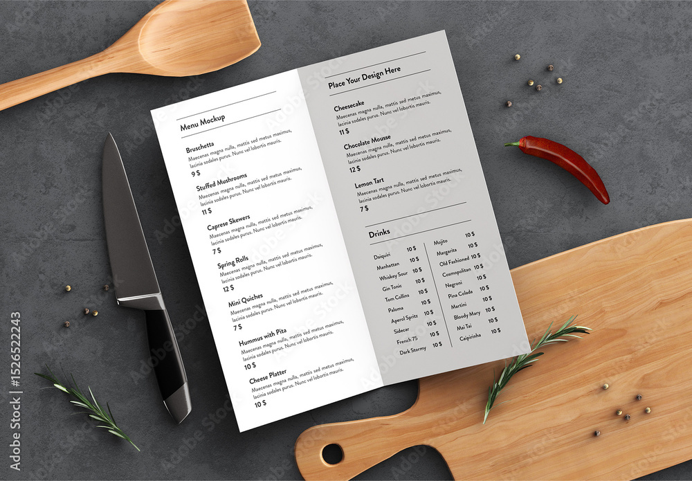 Bifold Restaurant Menu Mockup with Kitchenware Flatlay Stock Template ...