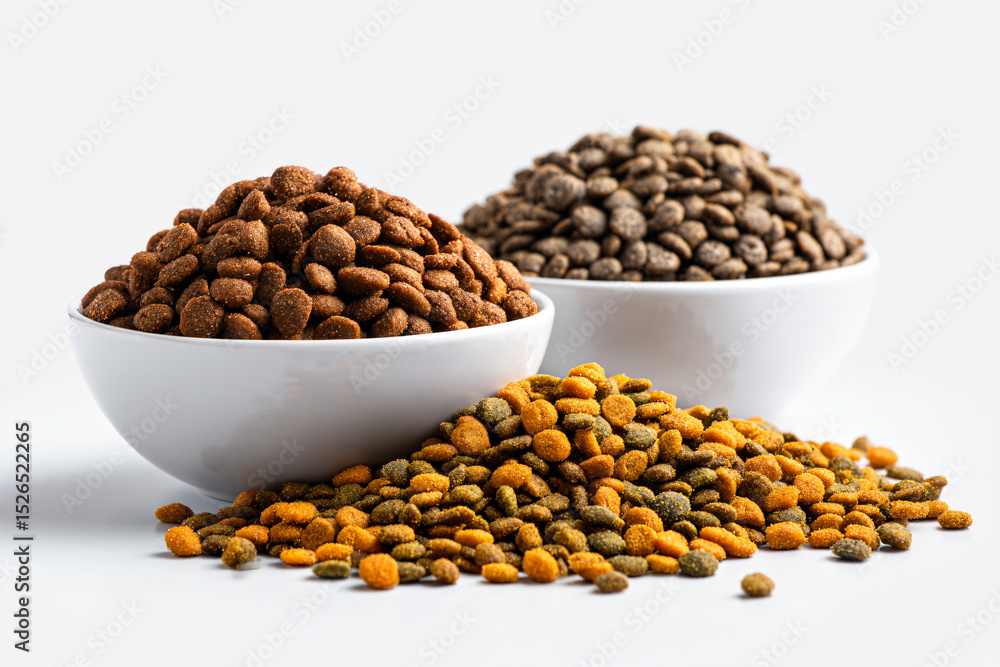 Fototapeta premium two bowls of dog food sitting on a table
