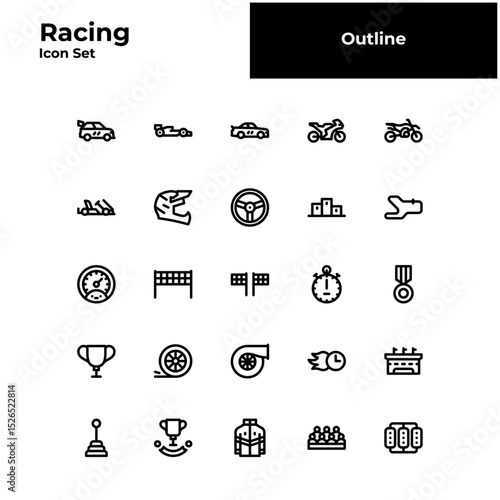 Racing outline icon set, Sport racing black line icon set.