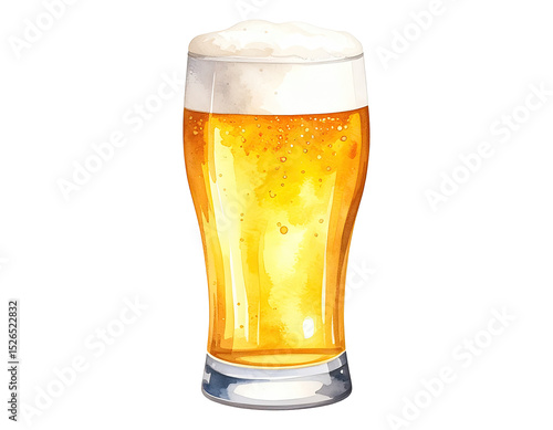 Watercolor illustration of beer glass with foam. 