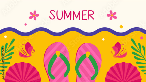 Summer Beach Vibes Pink Flip Flops Festive Shells Tropical Florals and Sunshine A Cheerful Holiday Getaway