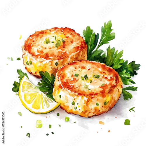 watercolor of Crab Cakes, vector high quality, isolated on a white background.