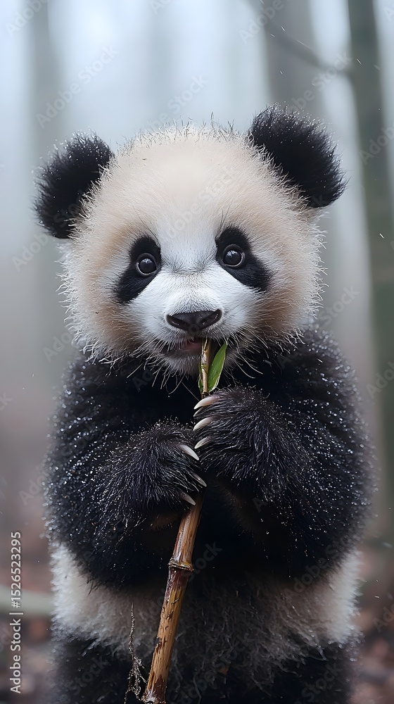 Obraz premium Adorable baby panda bear eating bamboo in the forest