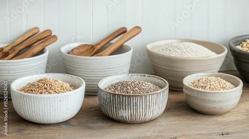 Rustic display of various ancient grains such as quinoa barley and farro presented in ceramic bowls on a wooden surface  This image evokes a sense of traditional healthy and natural eating habits