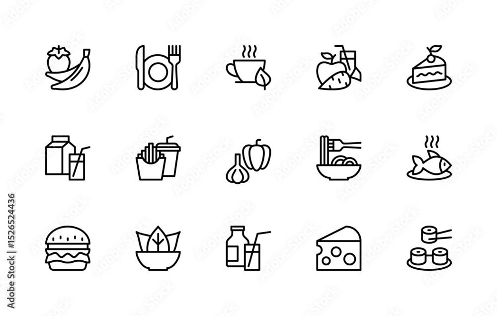 Fototapeta premium Food related vector linear icons set. Isolated icon collection such as strawberry, banana, tea, apple, carrot and more.