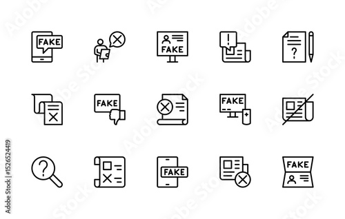 Fake News related vector linear icons set. Isolated icon collection such as incorrect information, exposure, article, sources, digital, lies and more.