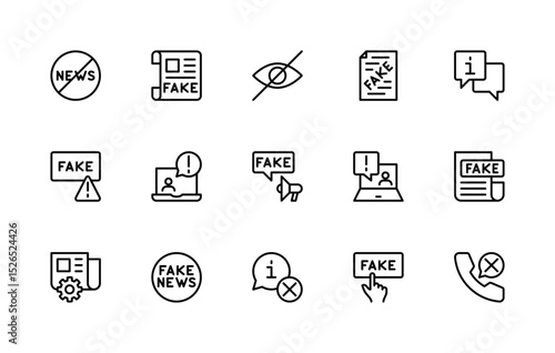 Fake News related vector linear icons set. Isolated icon collection such as distortion, news, incorrect information, headline, exposure and more.