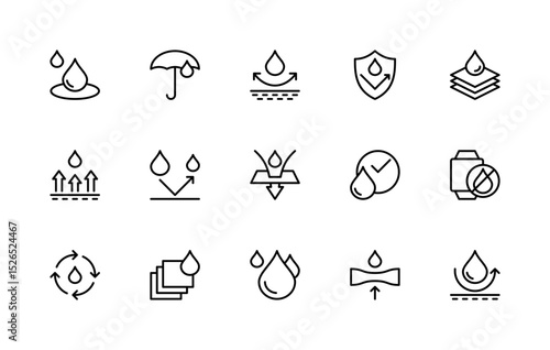 Water resistance related vector linear icons set. Isolated icon collection such as drop, umbrella, water, shield, arrows, waterproof and more.