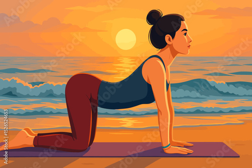 A woman is practicing yoga on a beach during a serene sunset. She is positioned on a yoga mat, performing the "Cow Pose" (Bitilasana), with her knees and hands on the mat, back arched, and gaze facing
